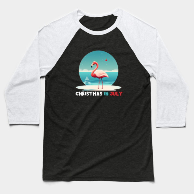 Xmas in July, Funny Flamingo Santa Tropical Christmas Baseball T-Shirt by logiamerch