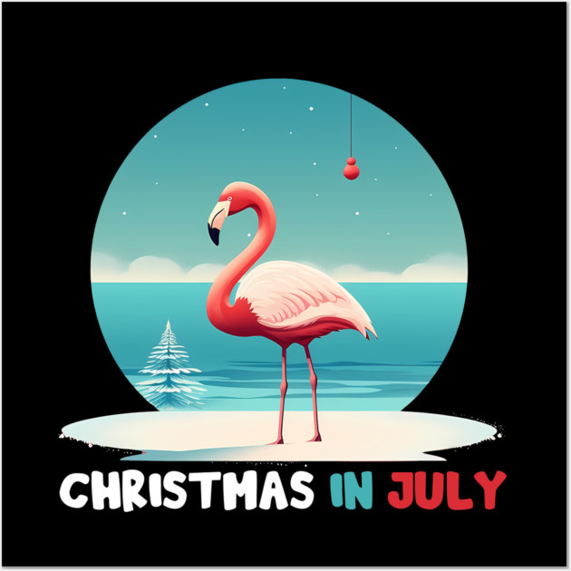 Xmas in July, Funny Flamingo Santa Tropical Christmas Wall Art by logiamerch