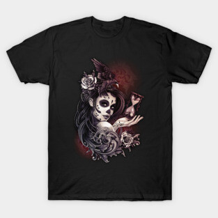 Sugar Skull day of the dead Girl with Crow Roses T-Shirt