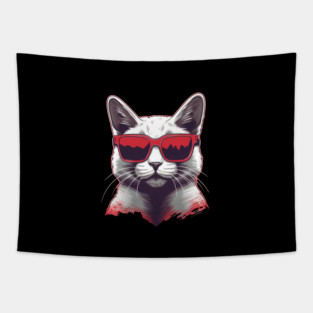 Cat with Maple leafs Canadaian Colors Tapestry