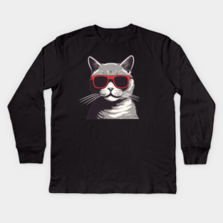 Gray Cat with Shades, Love Cats Kids Long Sleeve T-Shirt