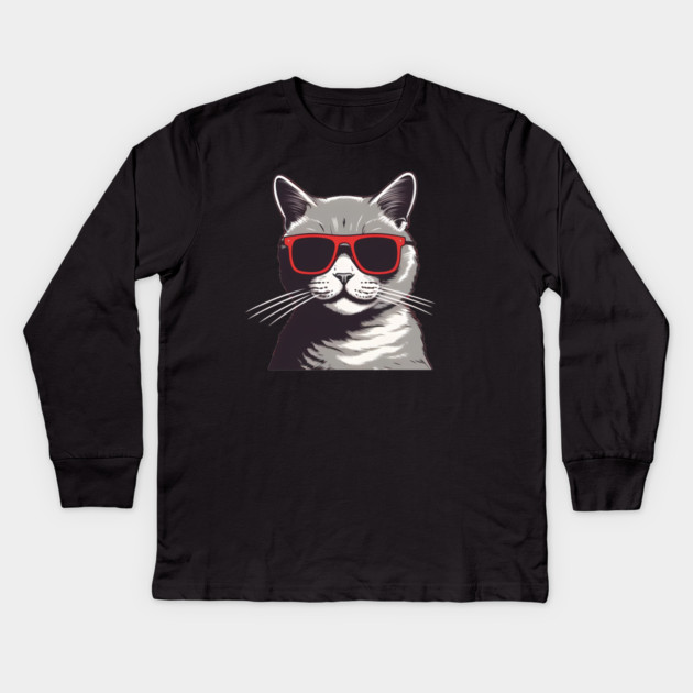 Gray Cat with Shades, Love Cats Kids Long Sleeve T-Shirt by logiamerch
