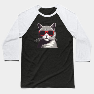 Gray Cat with Shades, Love Cats Baseball T-Shirt