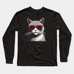 Gray Cat with Shades, Love Cats Long Sleeve T-Shirt
