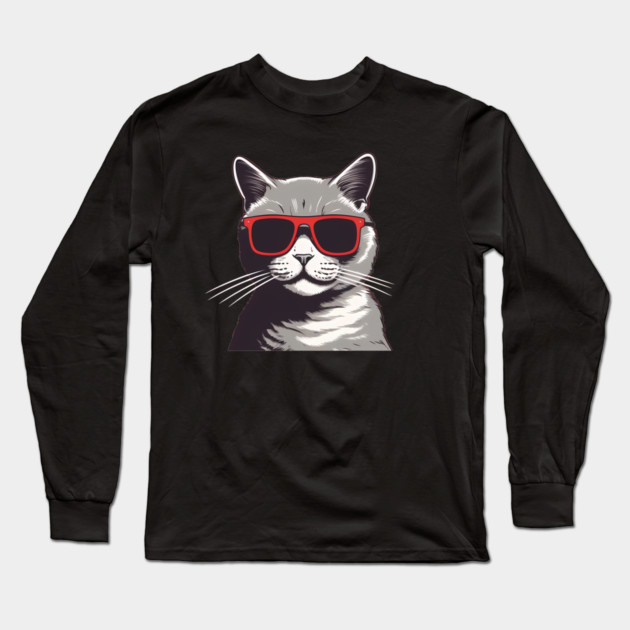 Gray Cat with Shades, Love Cats Long Sleeve T-Shirt by logiamerch