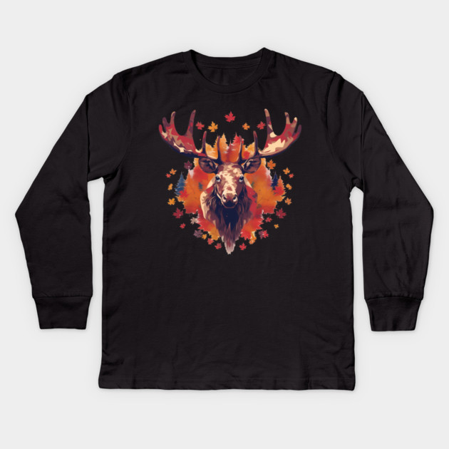 Moose with Maple leafs Canada Kids Long Sleeve T-Shirt by logiamerch