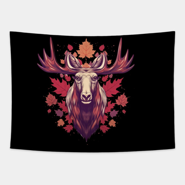 Moose with Maple leafs Canada Tapestry by logiamerch