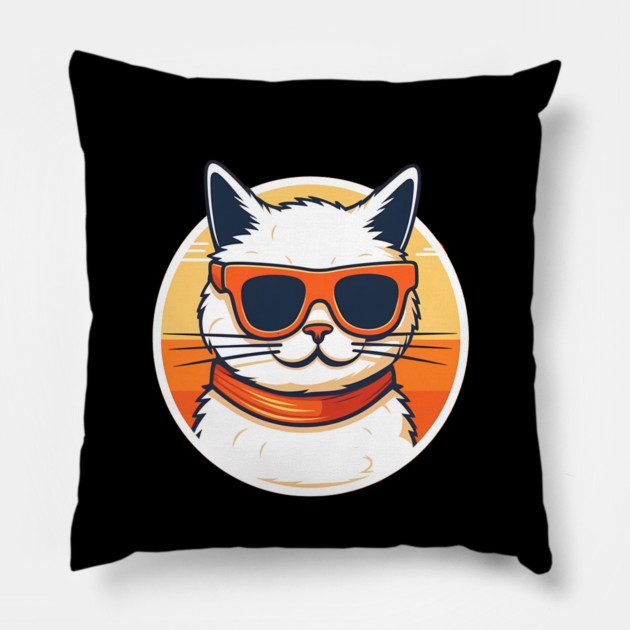 Cat with Shades, Sunset Pillow by logiamerch