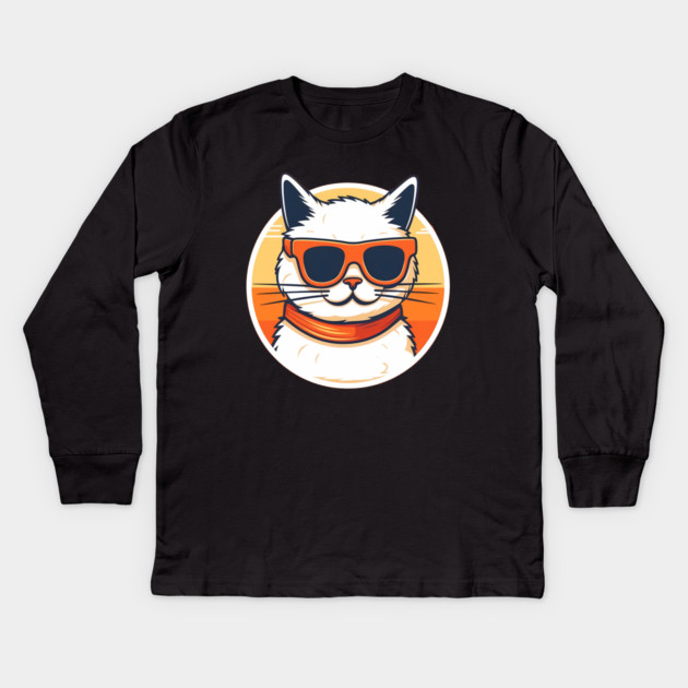 Cat with Shades, Sunset Kids Long Sleeve T-Shirt by logiamerch