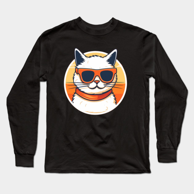 Cat with Shades, Sunset Long Sleeve T-Shirt by logiamerch