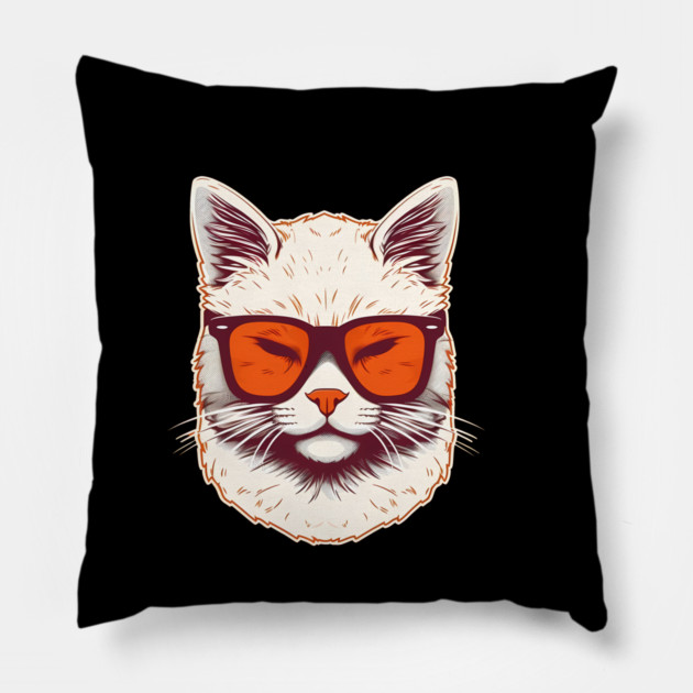 White Cat with Shades, Sunset Pillow by logiamerch