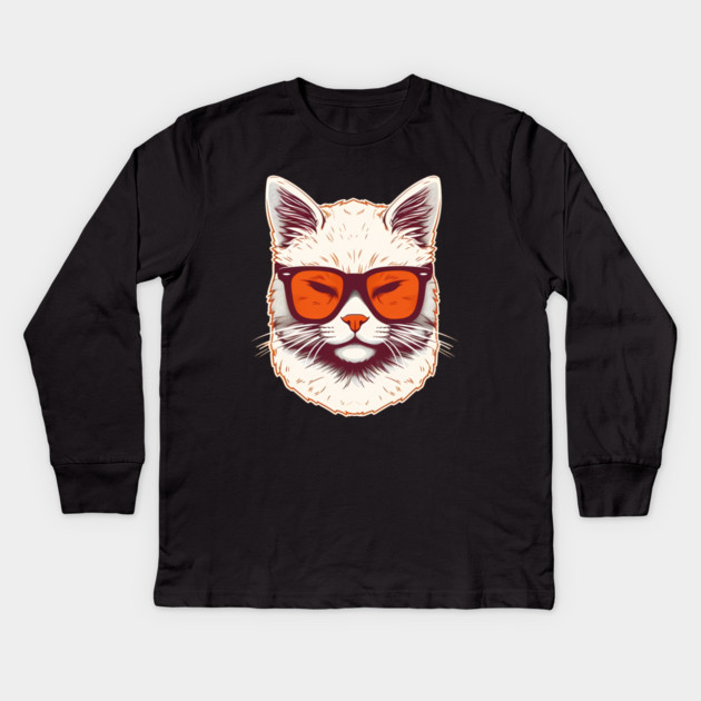 White Cat with Shades, Sunset Kids Long Sleeve T-Shirt by logiamerch