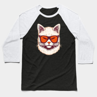 White Cat with Shades, Sunset Baseball T-Shirt