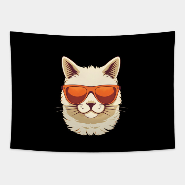 White Cat with Shades, Sunset Tapestry by logiamerch
