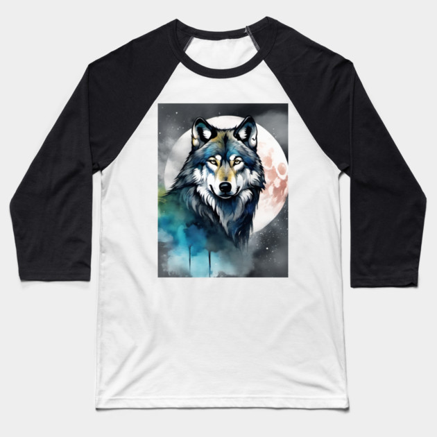 Timber Wolf in Watercolor and Charcoal Baseball T-Shirt by BirdsnStuff