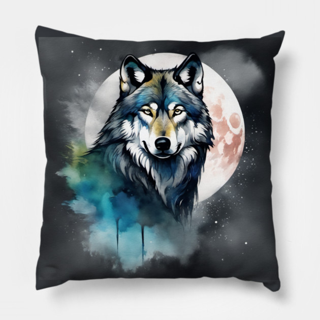 Timber Wolf in Watercolor and Charcoal Pillow by BirdsnStuff