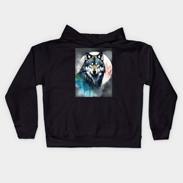 Timber Wolf in Watercolor and Charcoal Kids Hoodie by BirdsnStuff