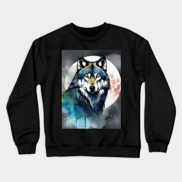 Timber Wolf in Watercolor and Charcoal Crewneck Sweatshirt by BirdsnStuff