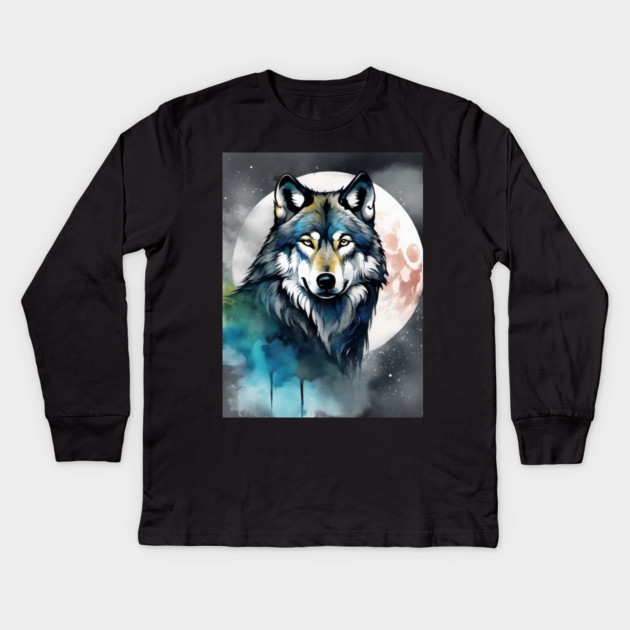 Timber Wolf in Watercolor and Charcoal Kids Long Sleeve T-Shirt by BirdsnStuff