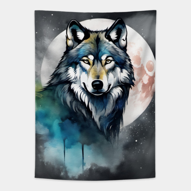 Timber Wolf in Watercolor and Charcoal Tapestry by BirdsnStuff