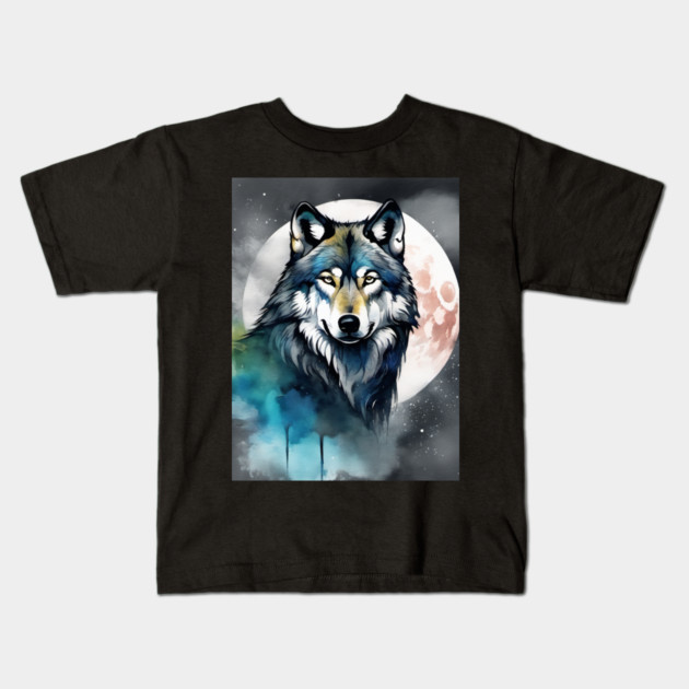 Timber Wolf in Watercolor and Charcoal Kids T-Shirt by BirdsnStuff