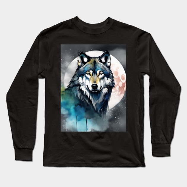 Timber Wolf in Watercolor and Charcoal Long Sleeve T-Shirt by BirdsnStuff