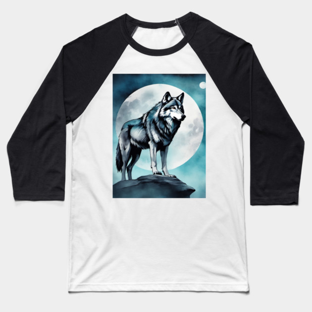 Timber Wolf in Watercolor and Charcoal Baseball T-Shirt by BirdsnStuff