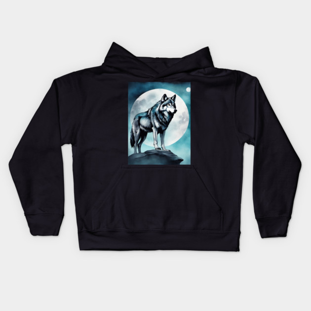 Timber Wolf in Watercolor and Charcoal Kids Hoodie by BirdsnStuff