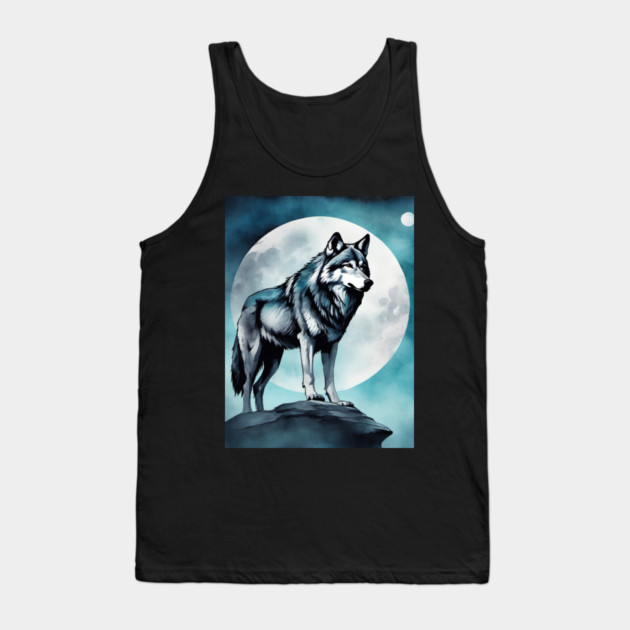 Timber Wolf in Watercolor and Charcoal Tank Top by BirdsnStuff