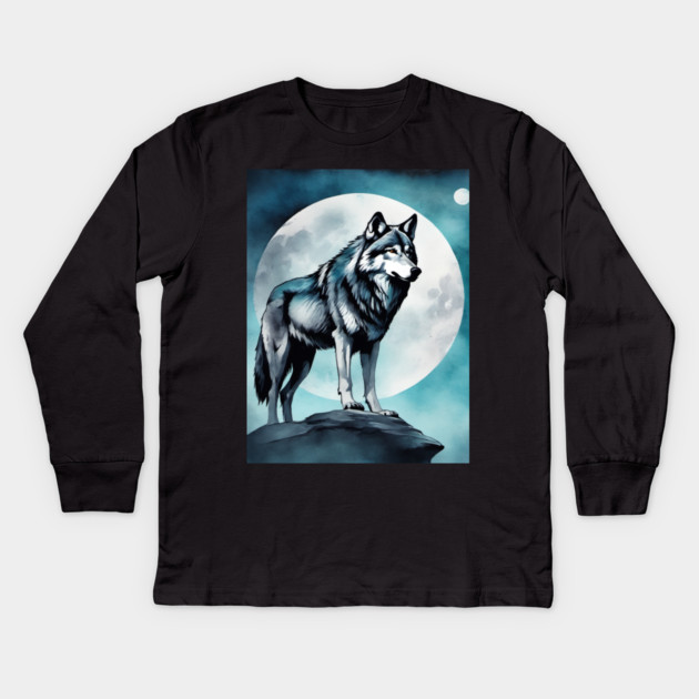 Timber Wolf in Watercolor and Charcoal Kids Long Sleeve T-Shirt by BirdsnStuff