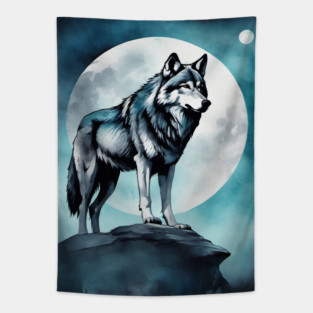 Timber Wolf in Watercolor and Charcoal Tapestry