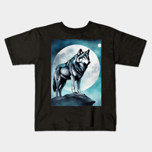 Timber Wolf in Watercolor and Charcoal Kids T-Shirt by BirdsnStuff
