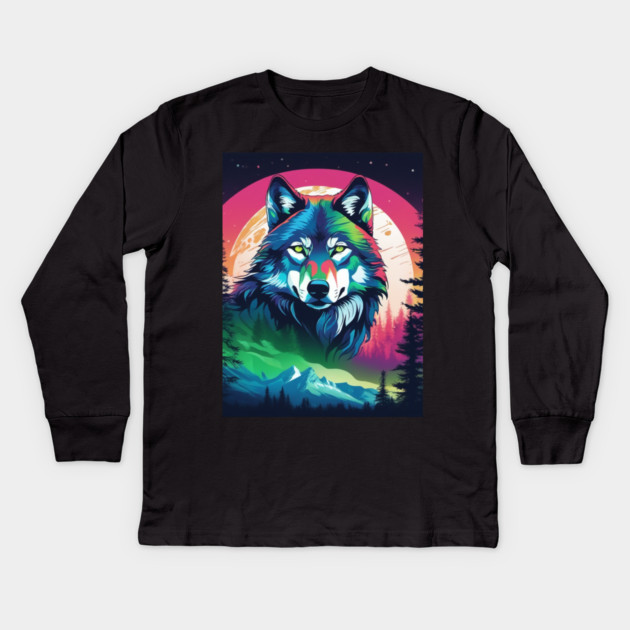 Timber Wolf in Watercolor and Charcoal Color Kids Long Sleeve T-Shirt by BirdsnStuff