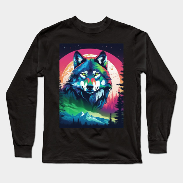 Timber Wolf in Watercolor and Charcoal Color Long Sleeve T-Shirt by BirdsnStuff