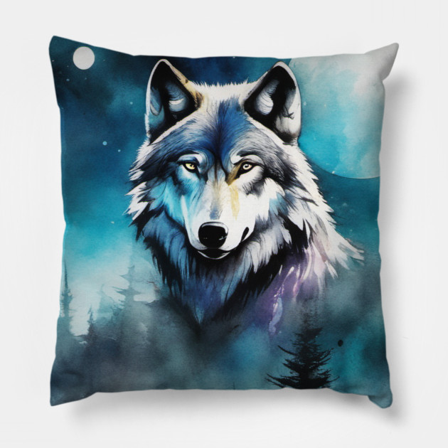 Timber Wolf in Watercolor and Charcoal Pillow by BirdsnStuff