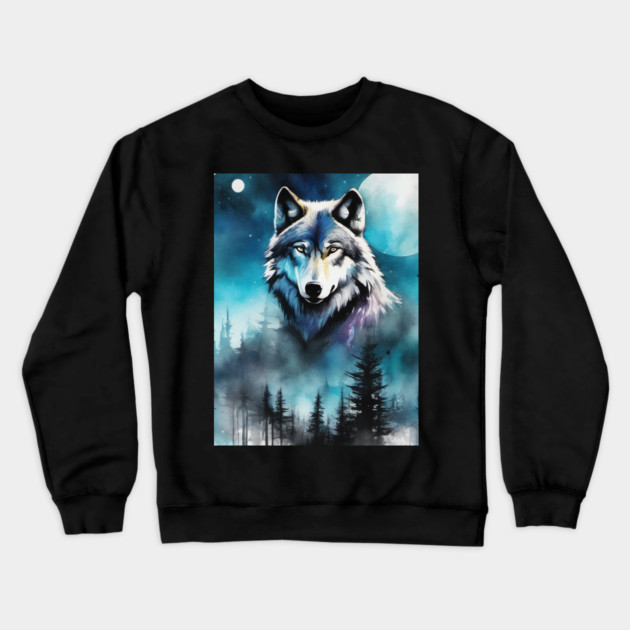 Timber Wolf in Watercolor and Charcoal Crewneck Sweatshirt by BirdsnStuff