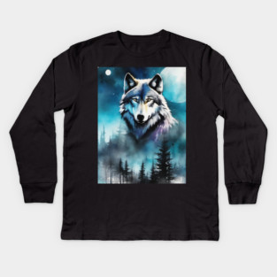 Timber Wolf in Watercolor and Charcoal Kids Long Sleeve T-Shirt