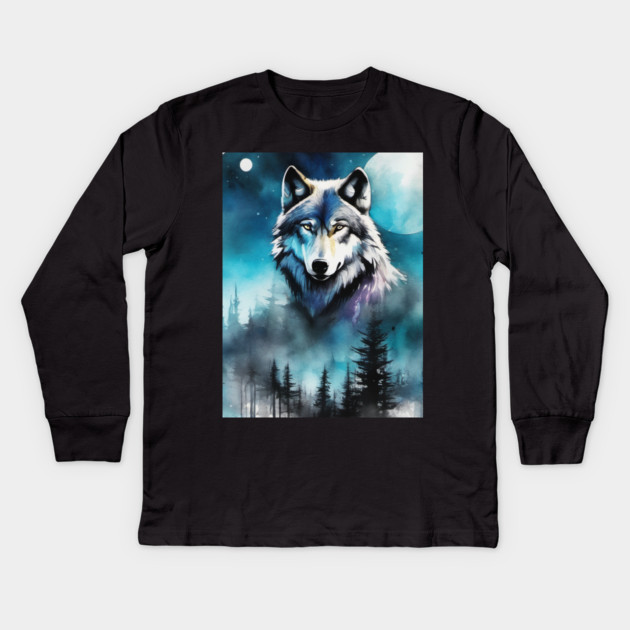 Timber Wolf in Watercolor and Charcoal Kids Long Sleeve T-Shirt by BirdsnStuff
