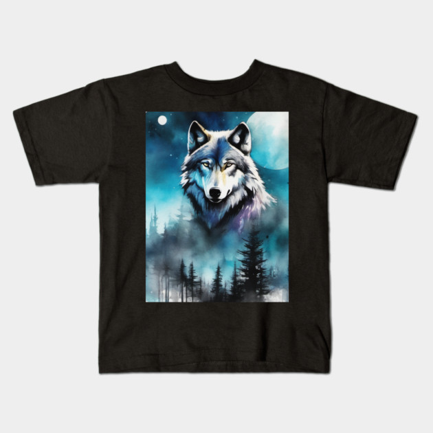 Timber Wolf in Watercolor and Charcoal Kids T-Shirt by BirdsnStuff