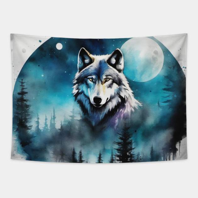 Timber Wolf in Watercolor and Charcoal Tapestry by BirdsnStuff