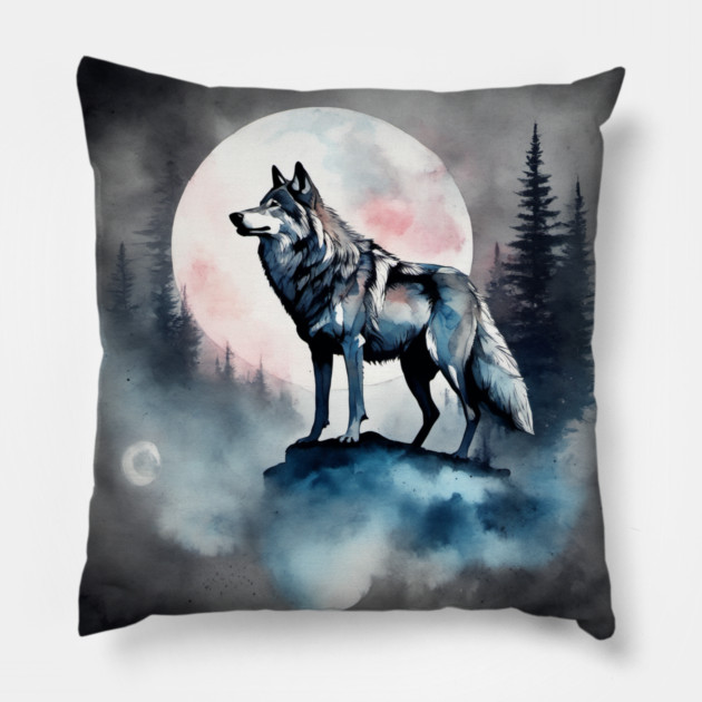 Timber Wolf in Watercolor and Charcoal Pillow by BirdsnStuff
