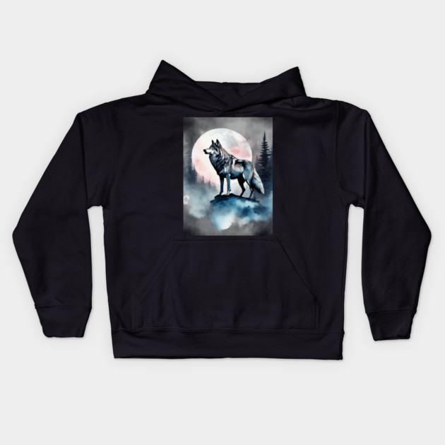 Timber Wolf in Watercolor and Charcoal Kids Hoodie by BirdsnStuff