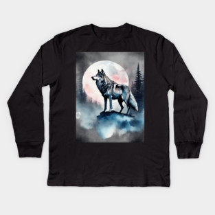 Timber Wolf in Watercolor and Charcoal Kids Long Sleeve T-Shirt