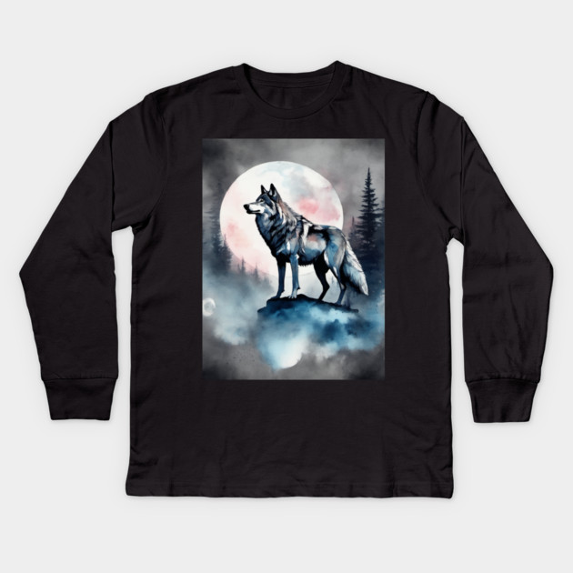 Timber Wolf in Watercolor and Charcoal Kids Long Sleeve T-Shirt by BirdsnStuff