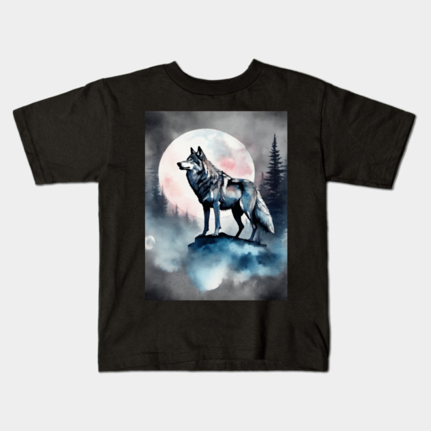 Timber Wolf in Watercolor and Charcoal Kids T-Shirt by BirdsnStuff