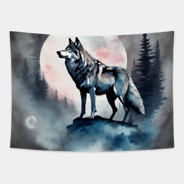 Timber Wolf in Watercolor and Charcoal Tapestry by BirdsnStuff