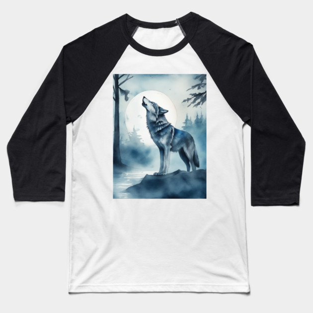 Timber Wolf in Watercolor and Charcoal Baseball T-Shirt by BirdsnStuff