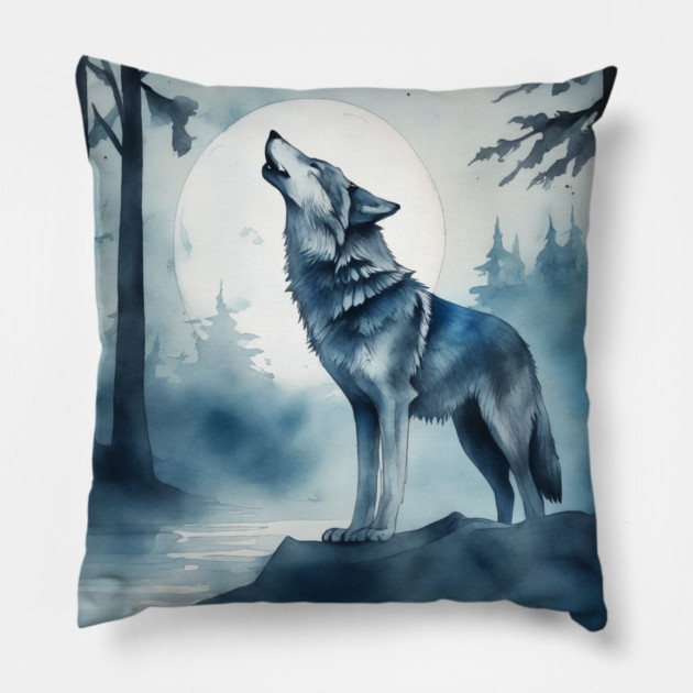 Timber Wolf in Watercolor and Charcoal Pillow by BirdsnStuff