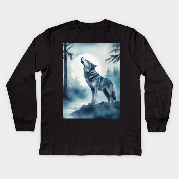 Timber Wolf in Watercolor and Charcoal Kids Long Sleeve T-Shirt by BirdsnStuff