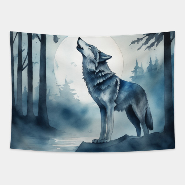 Timber Wolf in Watercolor and Charcoal Tapestry by BirdsnStuff